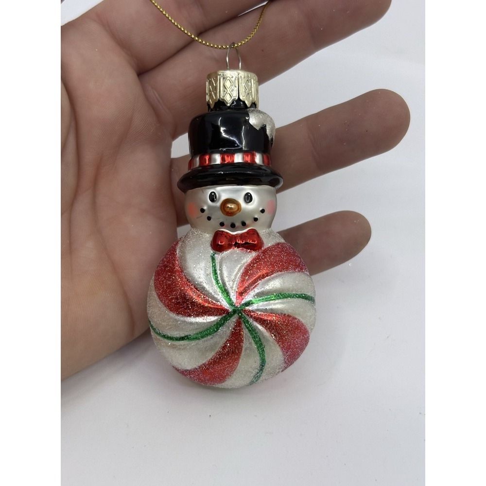 Blown Glass Snowman Christmas Ornament 3" Peppermint Swirl Black Hat